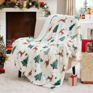 Festive Reindeer and Tree Holiday Throw Blanket